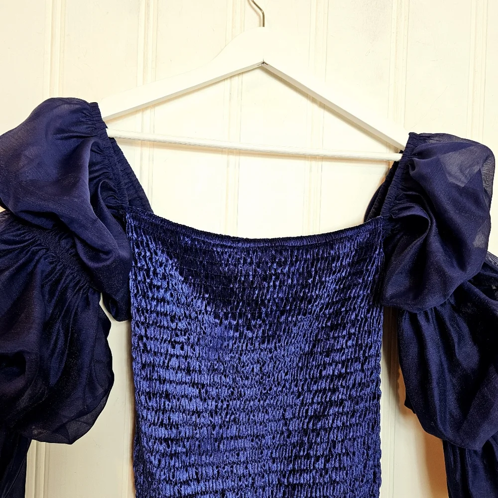 Free People Bodysuit Sz S Girls Just Wanna Velvet Smocked Puff Sleeve Navy Marin